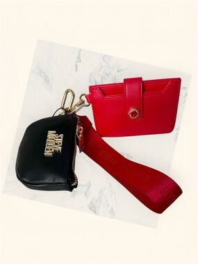 Steve Madden Black Coin Pouch with Red Card Holder and Red Wrist Strap